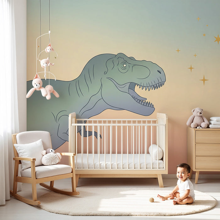 Gyerekszoba tapéta | Tiranózaurusz pasztel színű csillagos égbolt alatt