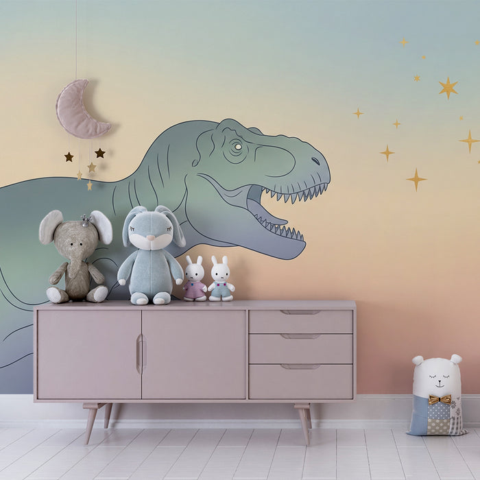 Gyerekszoba tapéta | Tiranózaurusz pasztel színű csillagos égbolt alatt