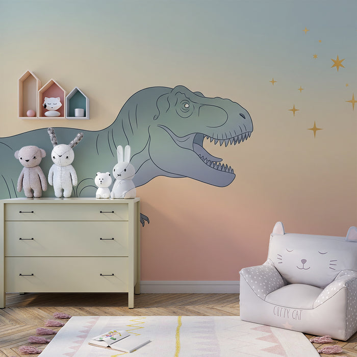 Gyerekszoba tapéta | Tiranózaurusz pasztel színű csillagos égbolt alatt