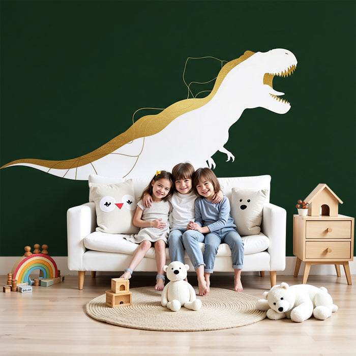 Χαρτί τοίχου παιδικού δωματίου | Στυλιζαρισμένο τυραννόσαυρο σε βαθύ πράσινο φόντο