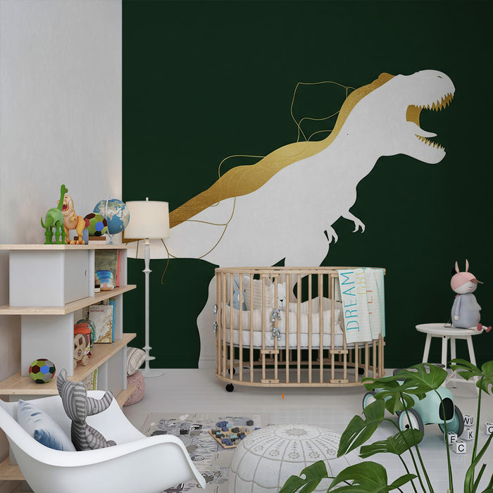 Χαρτί τοίχου παιδικού δωματίου | Στυλιζαρισμένο τυραννόσαυρο σε βαθύ πράσινο φόντο