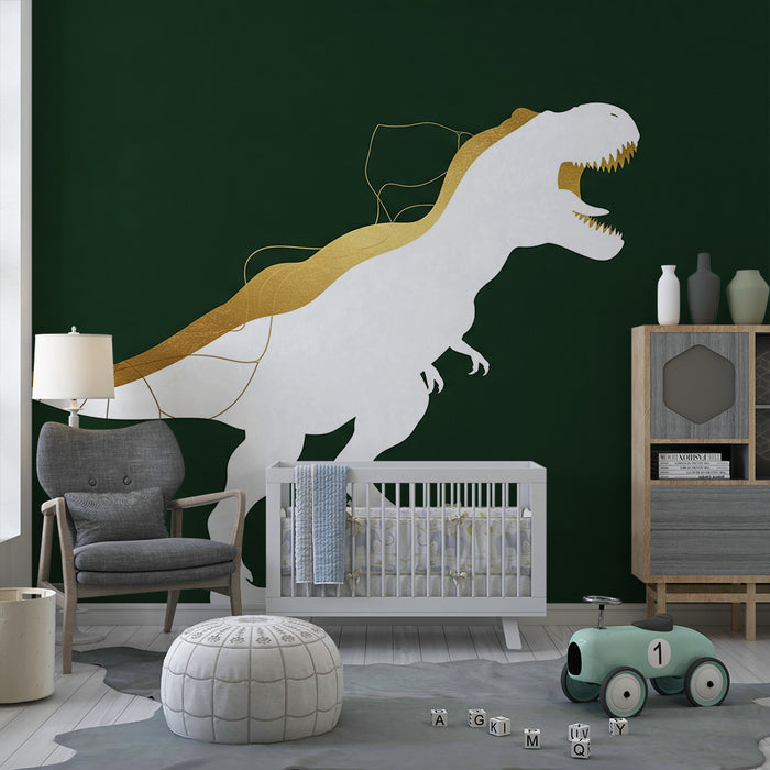 Χαρτί τοίχου παιδικού δωματίου | Στυλιζαρισμένο τυραννόσαυρο σε βαθύ πράσινο φόντο