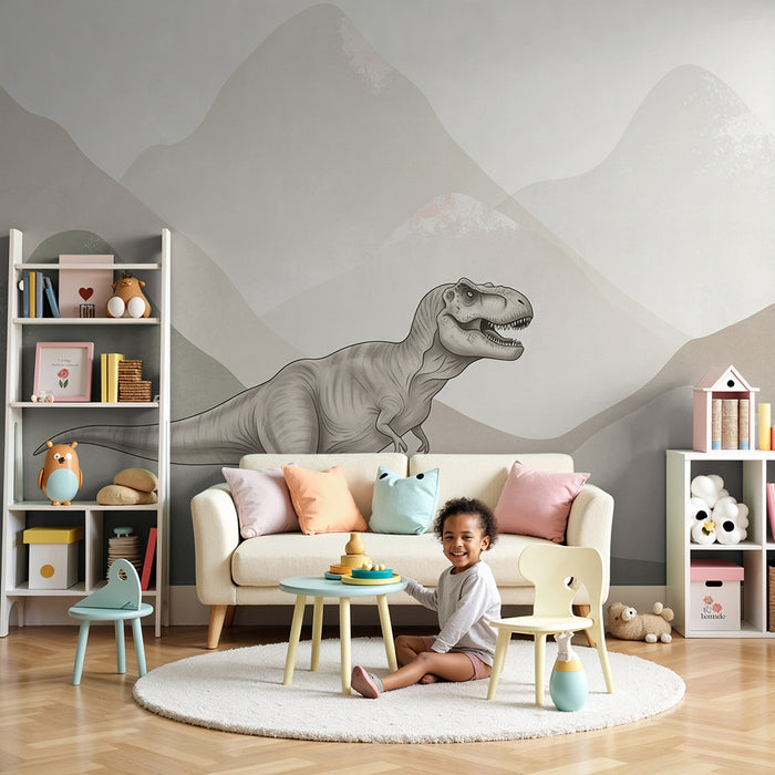 Gyermekszoba tapéta | Tiranózauruszok lágy hegyi háttérrel