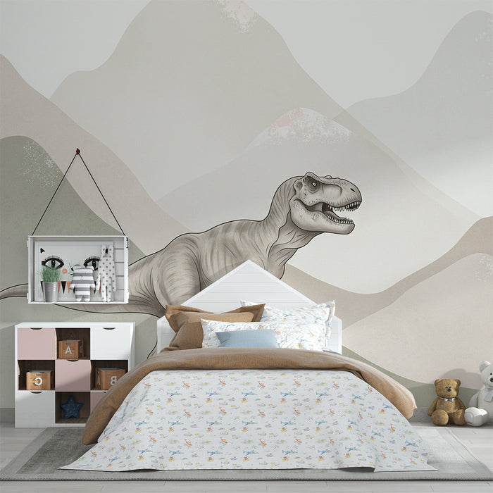 Gyermekszoba tapéta | Tiranózauruszok lágy hegyi háttérrel