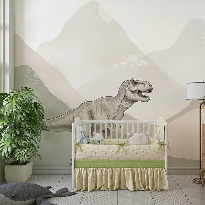 Gyermekszoba tapéta | Tiranózauruszok lágy hegyi háttérrel