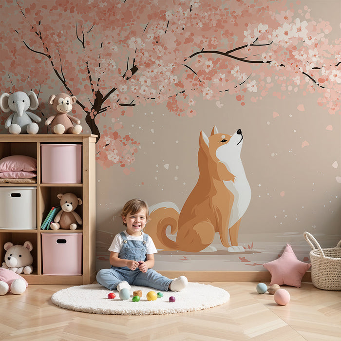 Papel de parede criança | Um adorável corgi sob uma cerejeira em flor