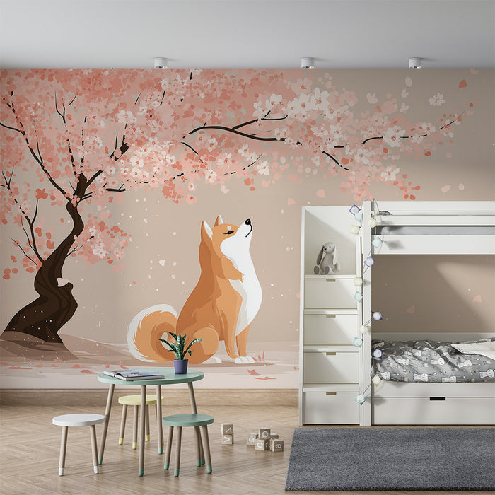 Papel de parede criança | Um adorável corgi sob uma cerejeira em flor