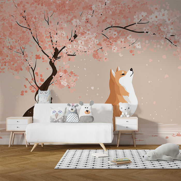 Papel de parede criança | Um adorável corgi sob uma cerejeira em flor