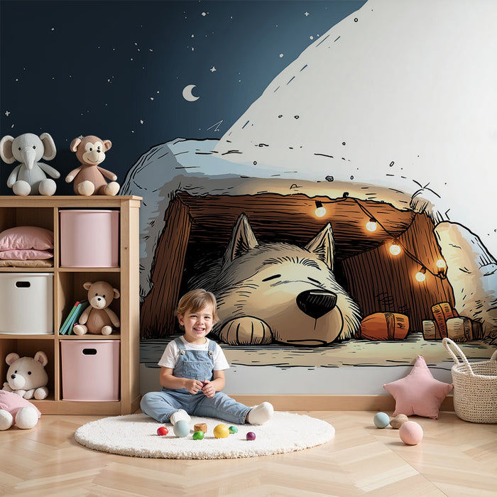 Kinderzimmer Tapete | Ein entzückender Hund, der in seiner verschneiten Hütte unter einem sternenklaren Himmel schläft