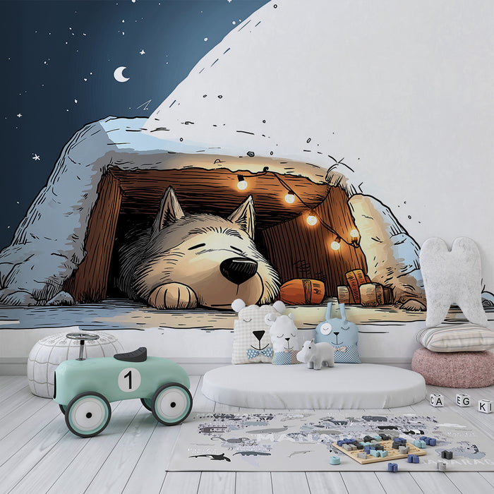 Kinderzimmer Tapete | Ein entzückender Hund, der in seiner verschneiten Hütte unter einem sternenklaren Himmel schläft