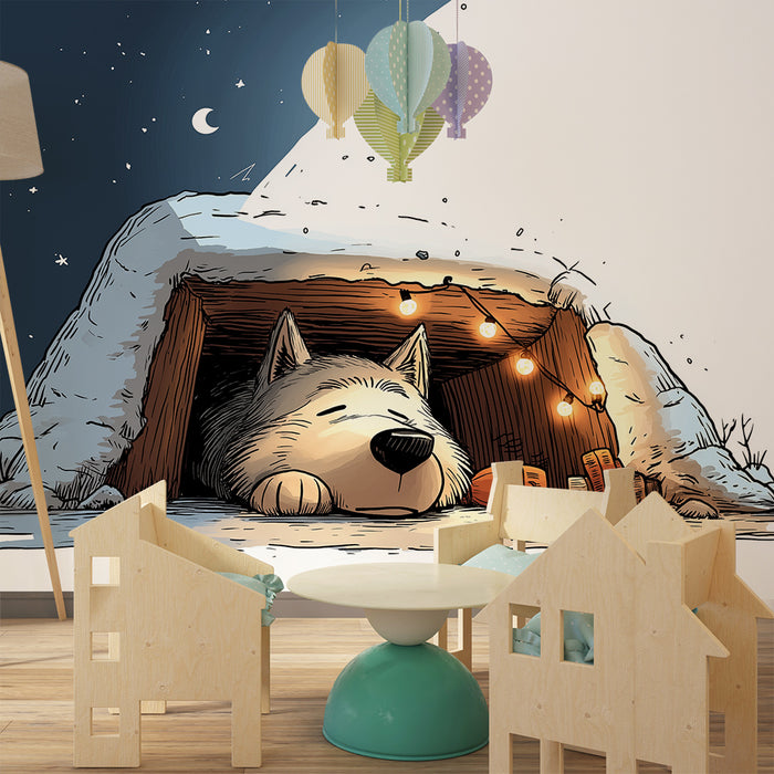Kinderzimmer Tapete | Ein entzückender Hund, der in seiner verschneiten Hütte unter einem sternenklaren Himmel schläft
