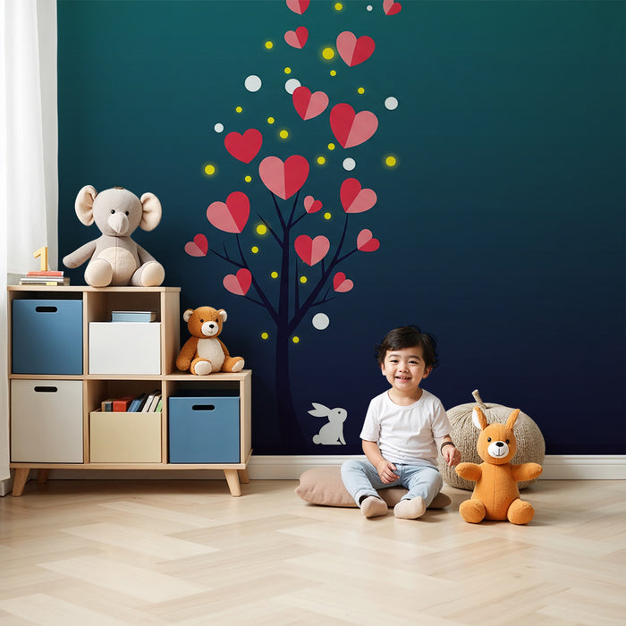 Kids room wallpaper | A tree with hearts and a cute rabbit under a starry sky
