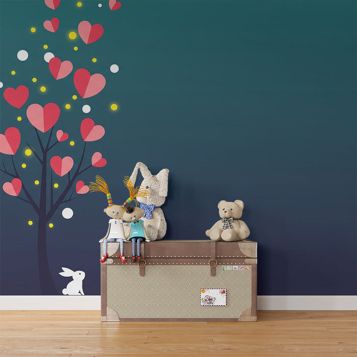 Kids room wallpaper | A tree with hearts and a cute rabbit under a starry sky