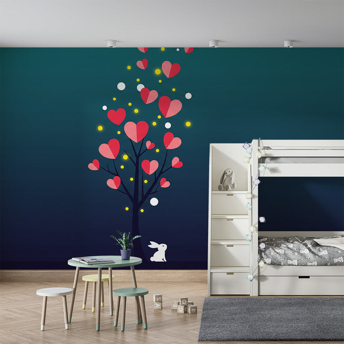 Kids room wallpaper | A tree with hearts and a cute rabbit under a starry sky
