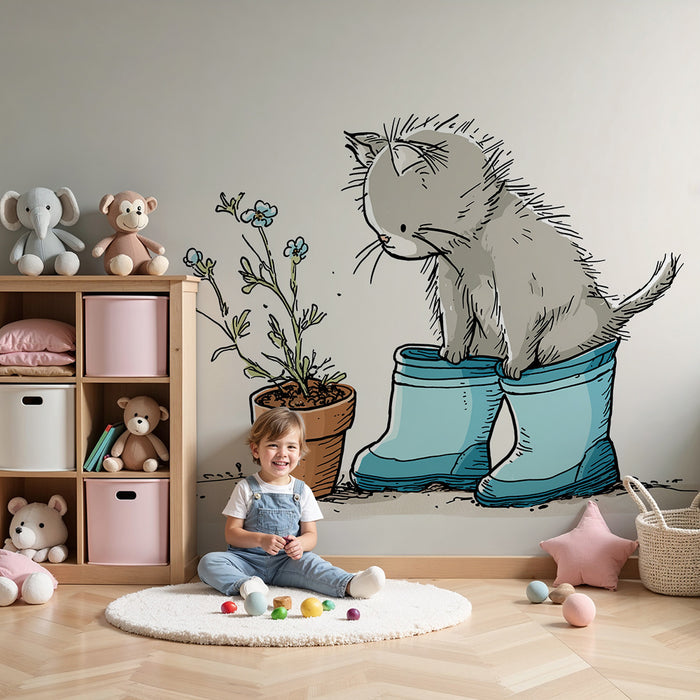 Papier peint chambre enfant | Un chat curieux dans des bottes de jardin avec des fleurs