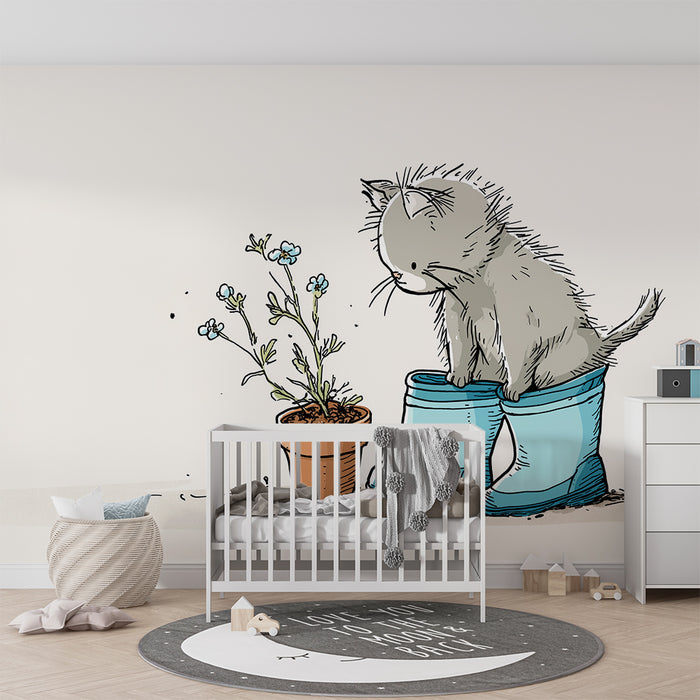 Papier peint chambre enfant | Un chat curieux dans des bottes de jardin avec des fleurs