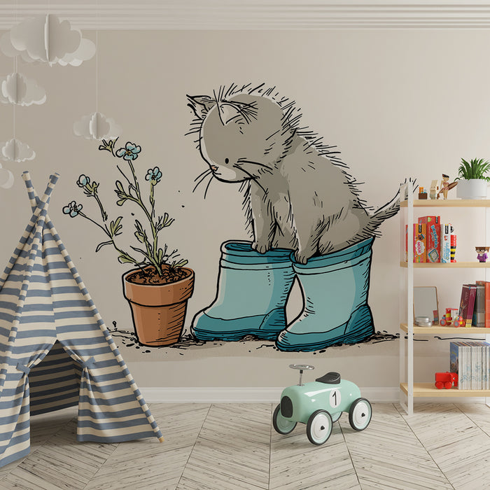 Papier peint chambre enfant | Un chat curieux dans des bottes de jardin avec des fleurs