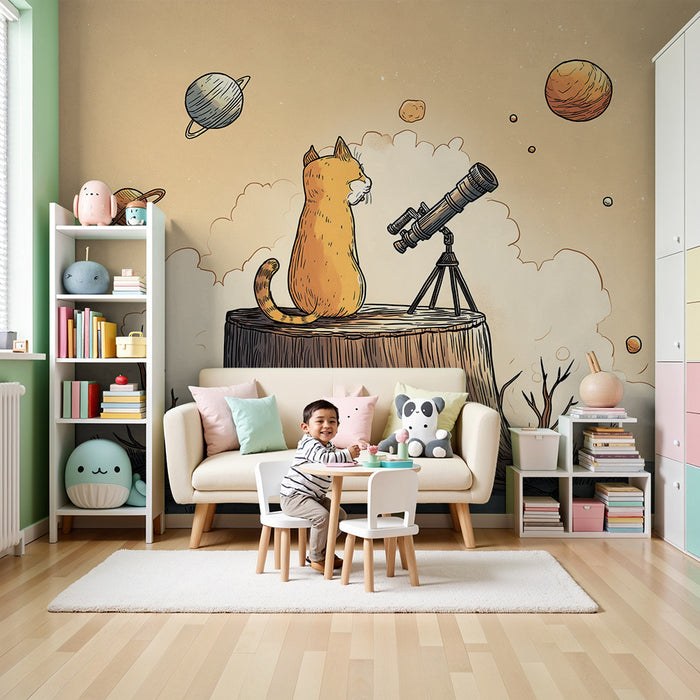Kids room wallpaper | A curious cat observing the planets through a telescope