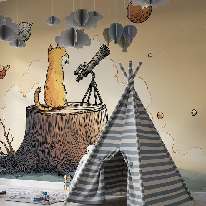 Kids room wallpaper | A curious cat observing the planets through a telescope