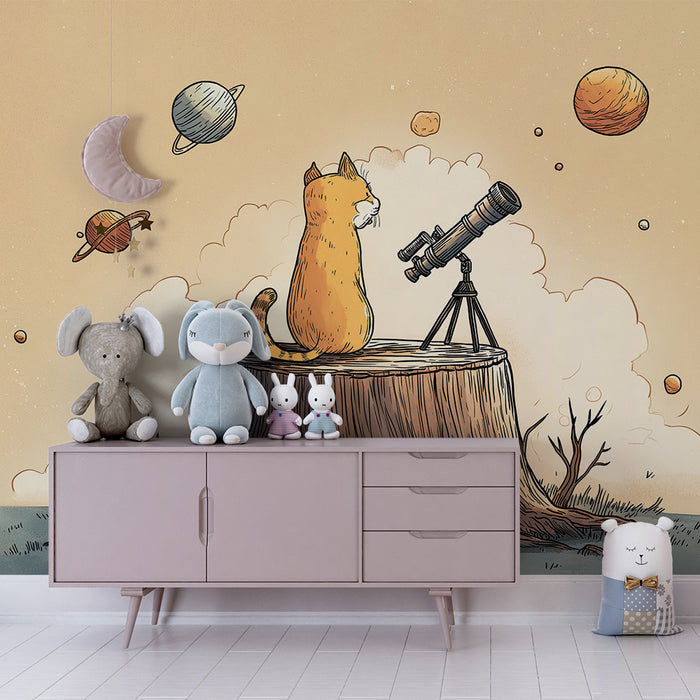 Kids room wallpaper | A curious cat observing the planets through a telescope