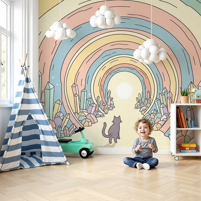 Kinderzimmer-Tapete | Ein neugieriger Kater in einem bunten Kristall-Tunnel