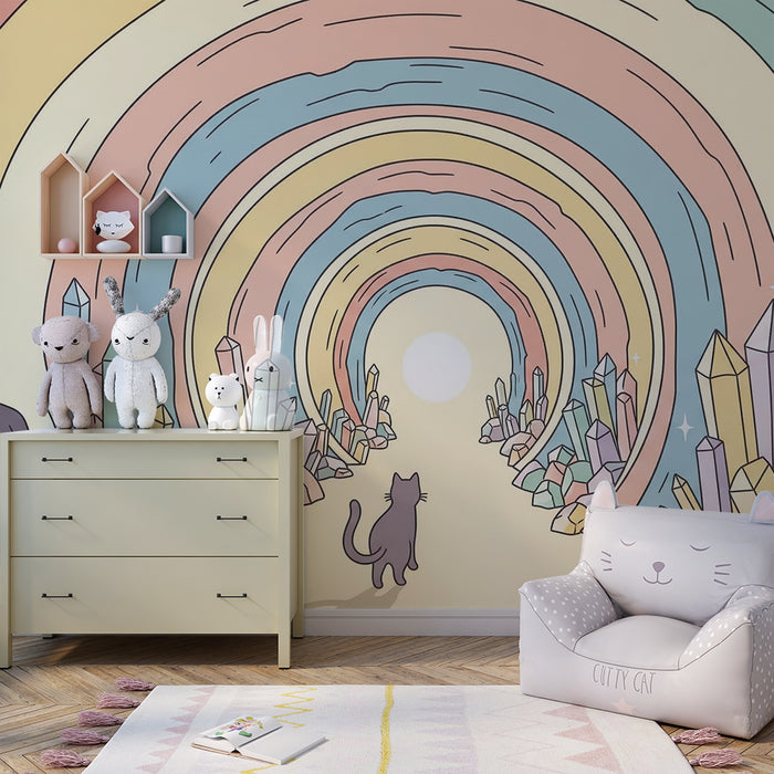 Kinderzimmer-Tapete | Ein neugieriger Kater in einem bunten Kristall-Tunnel