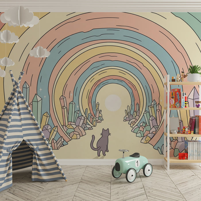 Kinderzimmer-Tapete | Ein neugieriger Kater in einem bunten Kristall-Tunnel