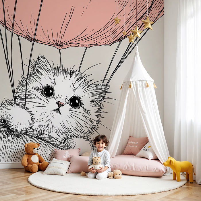 Papel pintado infantil | Un gato lindo en globo aerostático