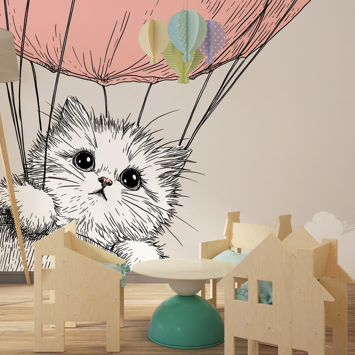 Papel pintado infantil | Un gato lindo en globo aerostático