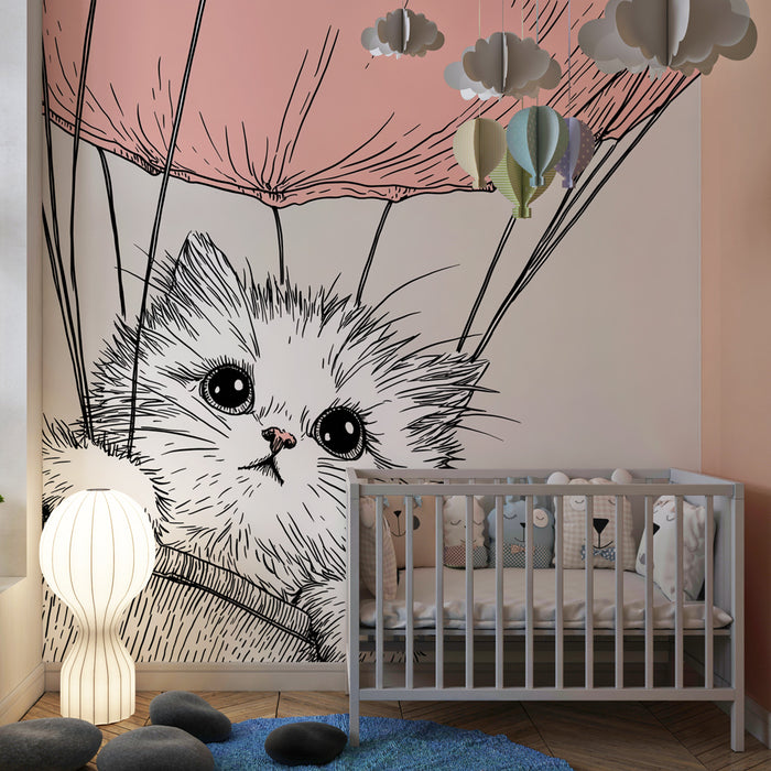 Papel pintado infantil | Un gato lindo en globo aerostático