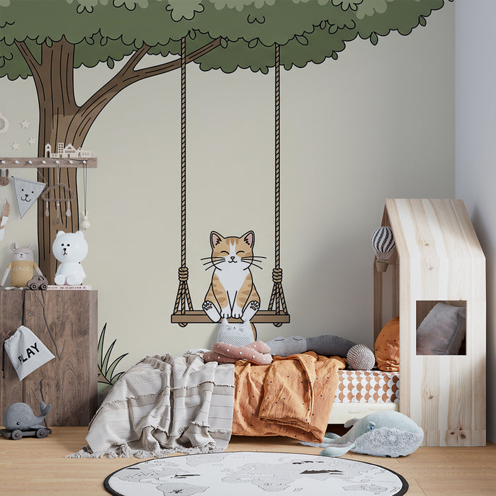Papel de parede para quarto de criança | Um gato fofo num baloiço debaixo de uma árvore