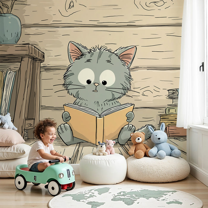 Papel pintado infantil | Un gatito curioso leyendo en una acogedora biblioteca