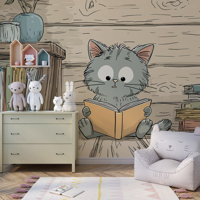 Papel pintado infantil | Un gatito curioso leyendo en una acogedora biblioteca