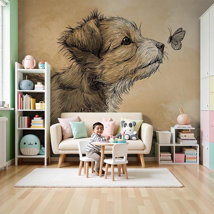 Kids room wallpaper | A curious puppy and a butterfly in a soft setting