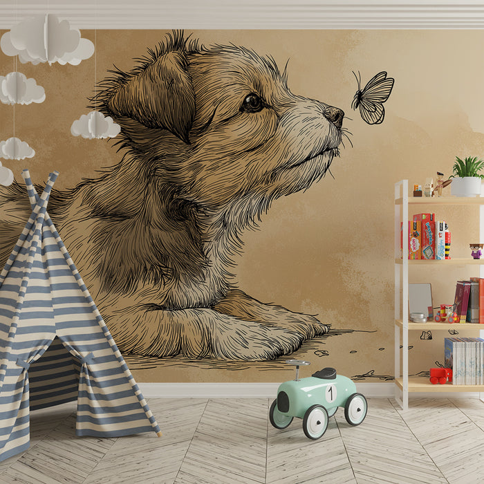 Kids room wallpaper | A curious puppy and a butterfly in a soft setting