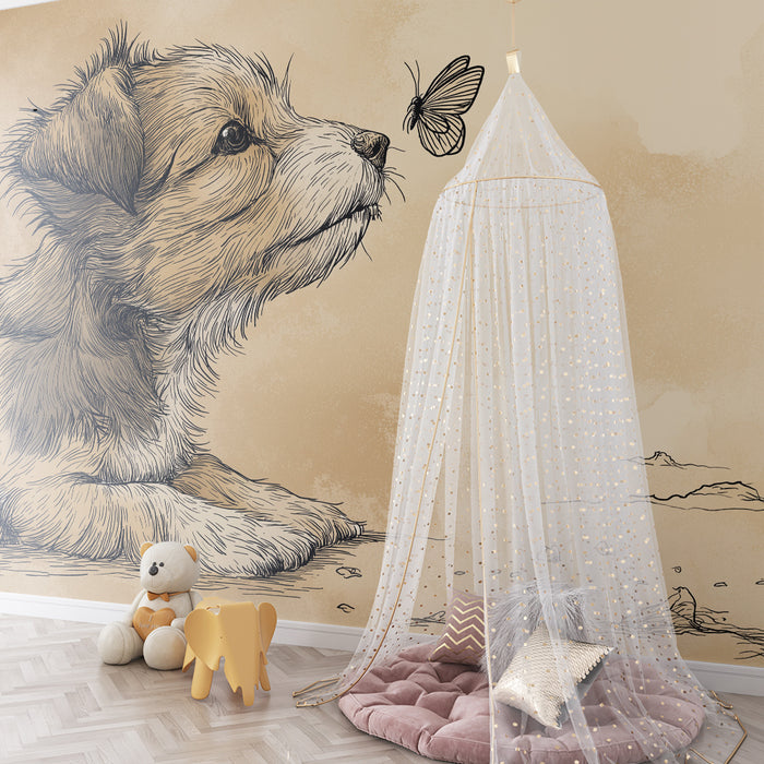 Kids room wallpaper | A curious puppy and a butterfly in a soft setting