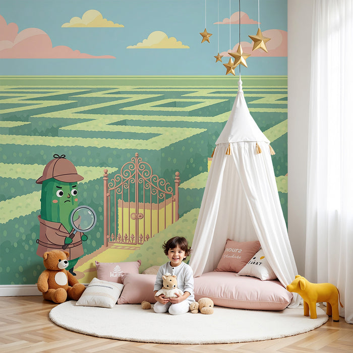 Papier peint chambre enfant | Un concombre détective dans un labyrinthe verdoyant
