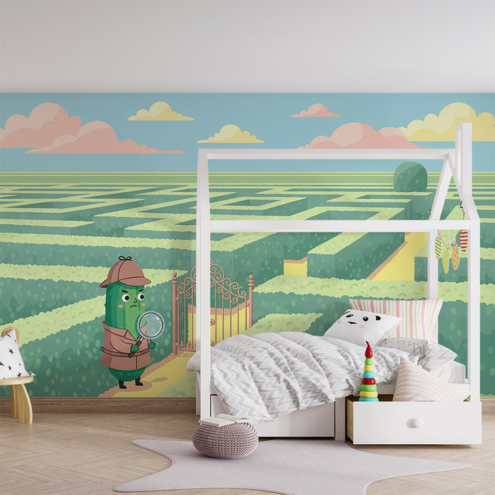 Papier peint chambre enfant | Un concombre détective dans un labyrinthe verdoyant
