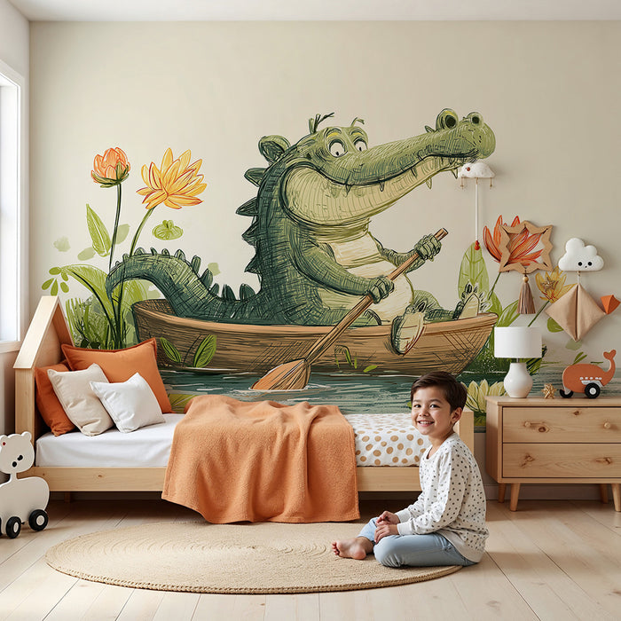 Lastenhuoneen tapetti | Iloinen krokotiili kanoottiretkellä lumpeiden keskellä