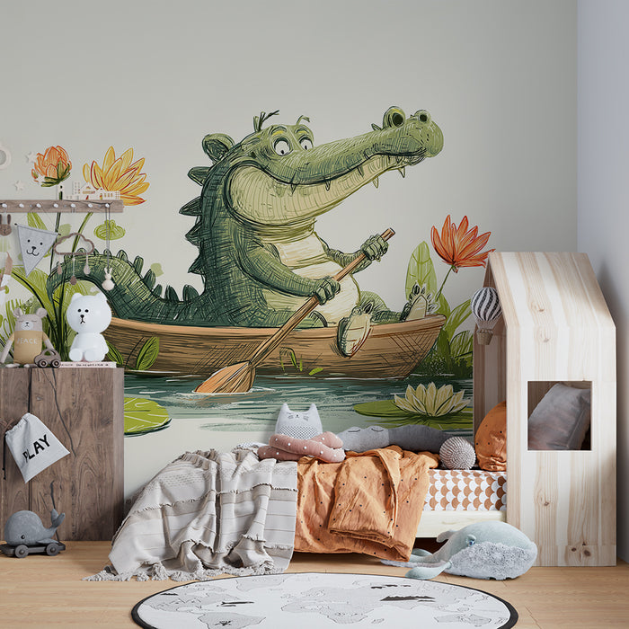 Lastenhuoneen tapetti | Iloinen krokotiili kanoottiretkellä lumpeiden keskellä