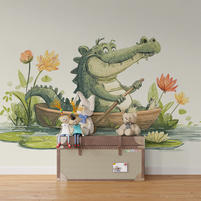 Lastenhuoneen tapetti | Iloinen krokotiili kanoottiretkellä lumpeiden keskellä