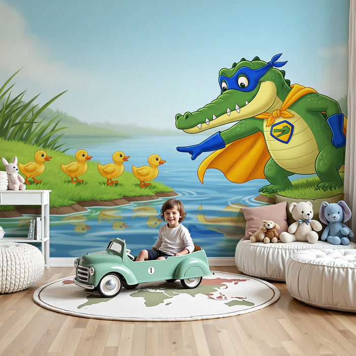Kids room wallpaper | A superhero crocodile guides ducklings by the water's edge