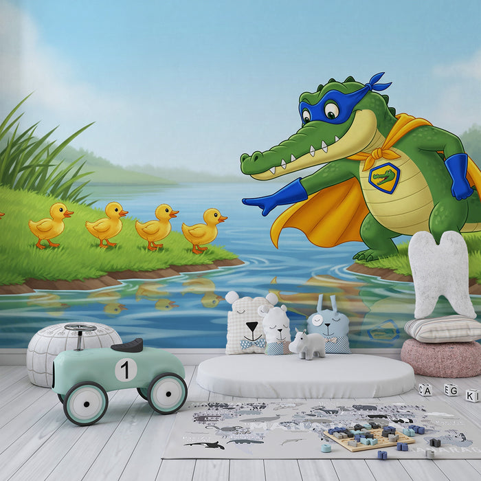 Kids room wallpaper | A superhero crocodile guides ducklings by the water's edge