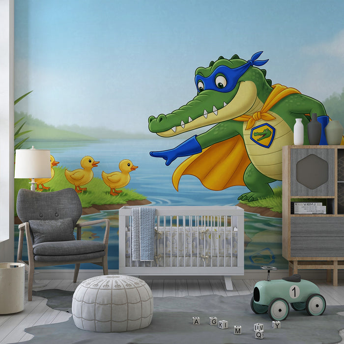 Kids room wallpaper | A superhero crocodile guides ducklings by the water's edge