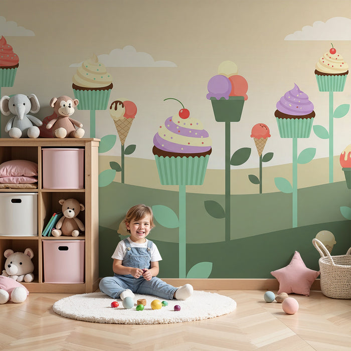 Behang kinderkamer | Een zoete tuin vol kleurrijke cupcakes en ijsjes