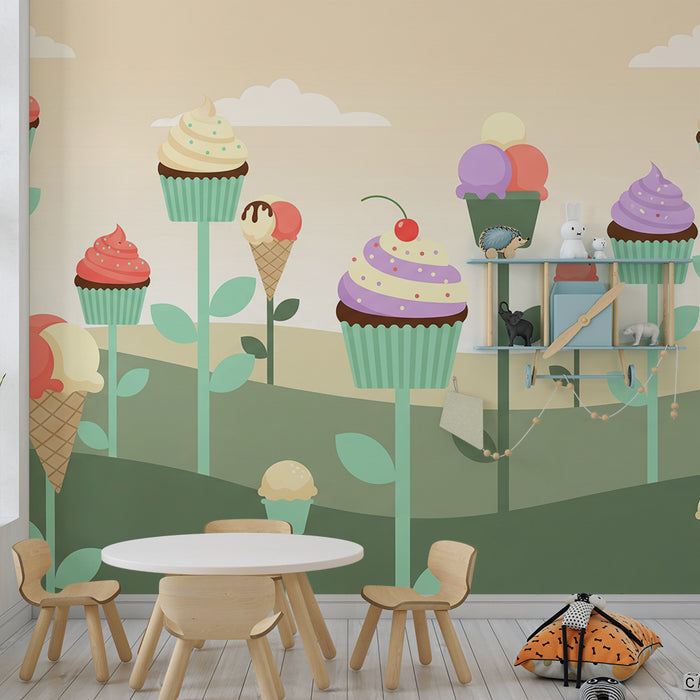 Behang kinderkamer | Een zoete tuin vol kleurrijke cupcakes en ijsjes