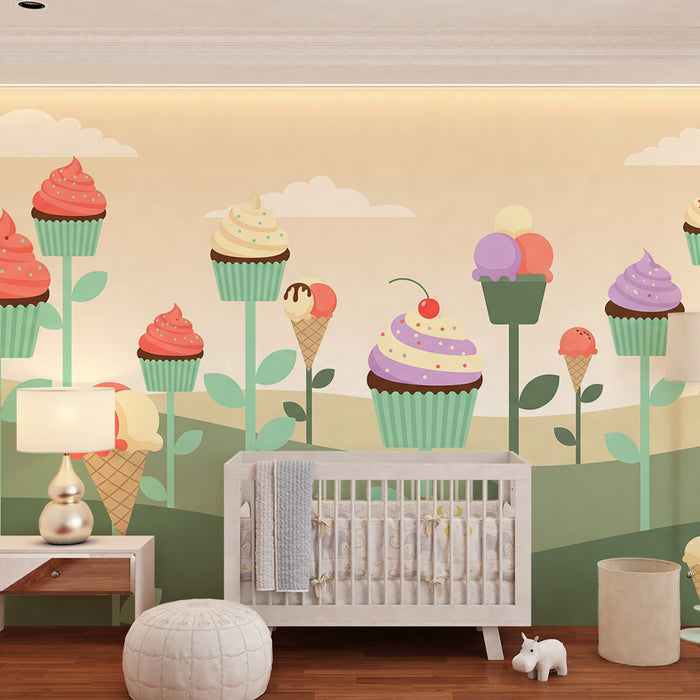 Behang kinderkamer | Een zoete tuin vol kleurrijke cupcakes en ijsjes