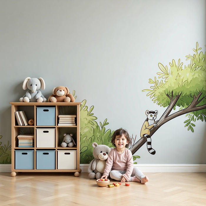 Kinderzimmer Tapete | Ein frecher Lemur, der auf einem Ast sitzt