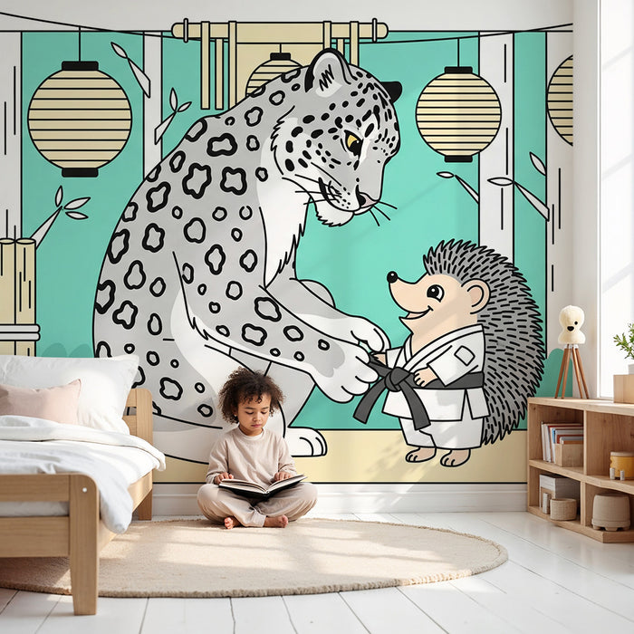 Barnrumspapper för barn | En leopard och en igelkott i kimono i en färgglad dojo