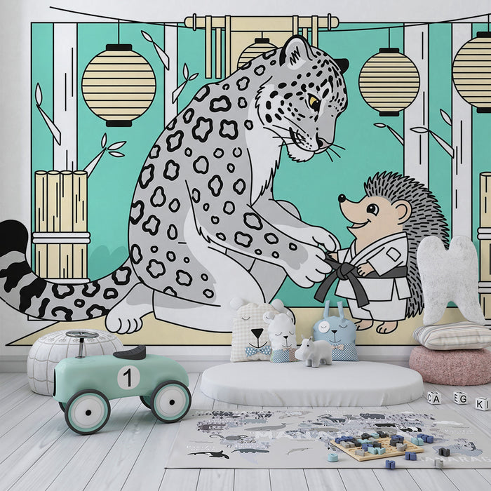 Barnrumspapper för barn | En leopard och en igelkott i kimono i en färgglad dojo